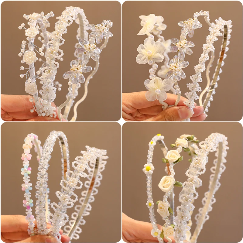 2023 New Baby Girls Princess Wreath Headdress Headbands Sweet Shiny Pearl Crystal Rhinestones Hairbands Kids Hair Accessories