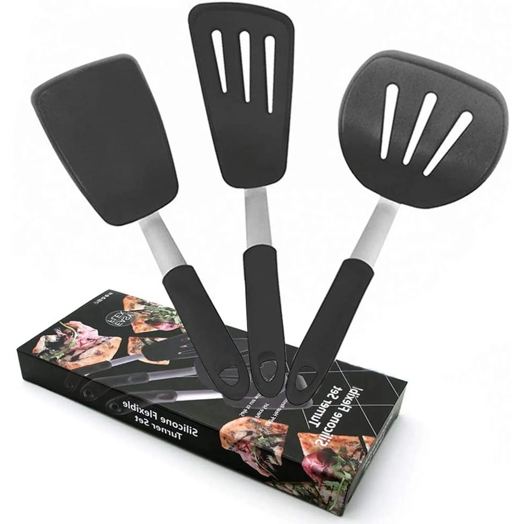 

3pcs Ultra Flexible Silicone RubberTurner Spatula, 600ºF Heat-Resistant (Gray/Black)