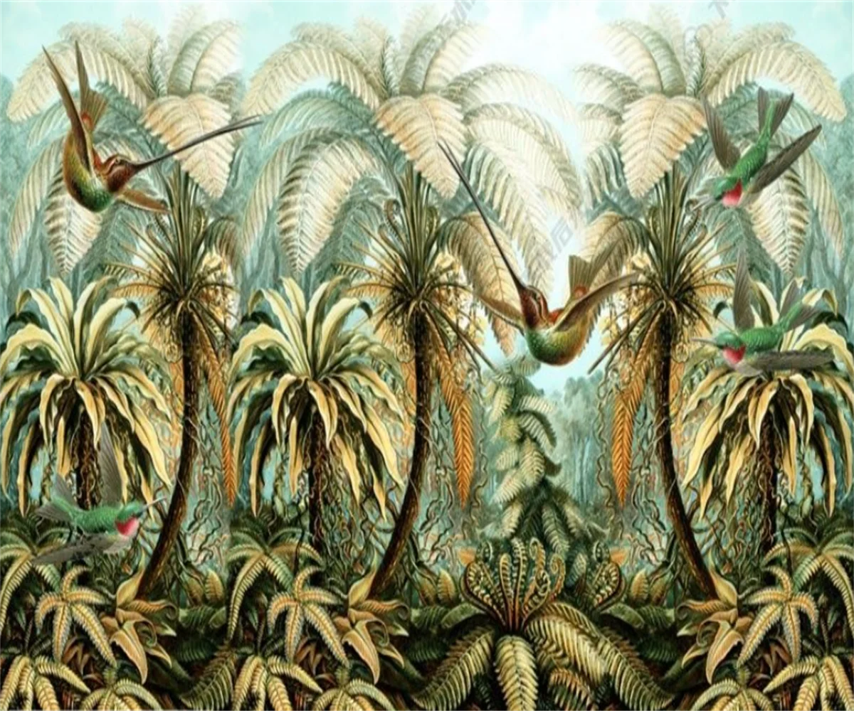 

3D-обои на заказ: пейзаж тропического леса с кокосовыми пальмами и колибри, настенное панно для декора дома, лесной мотив