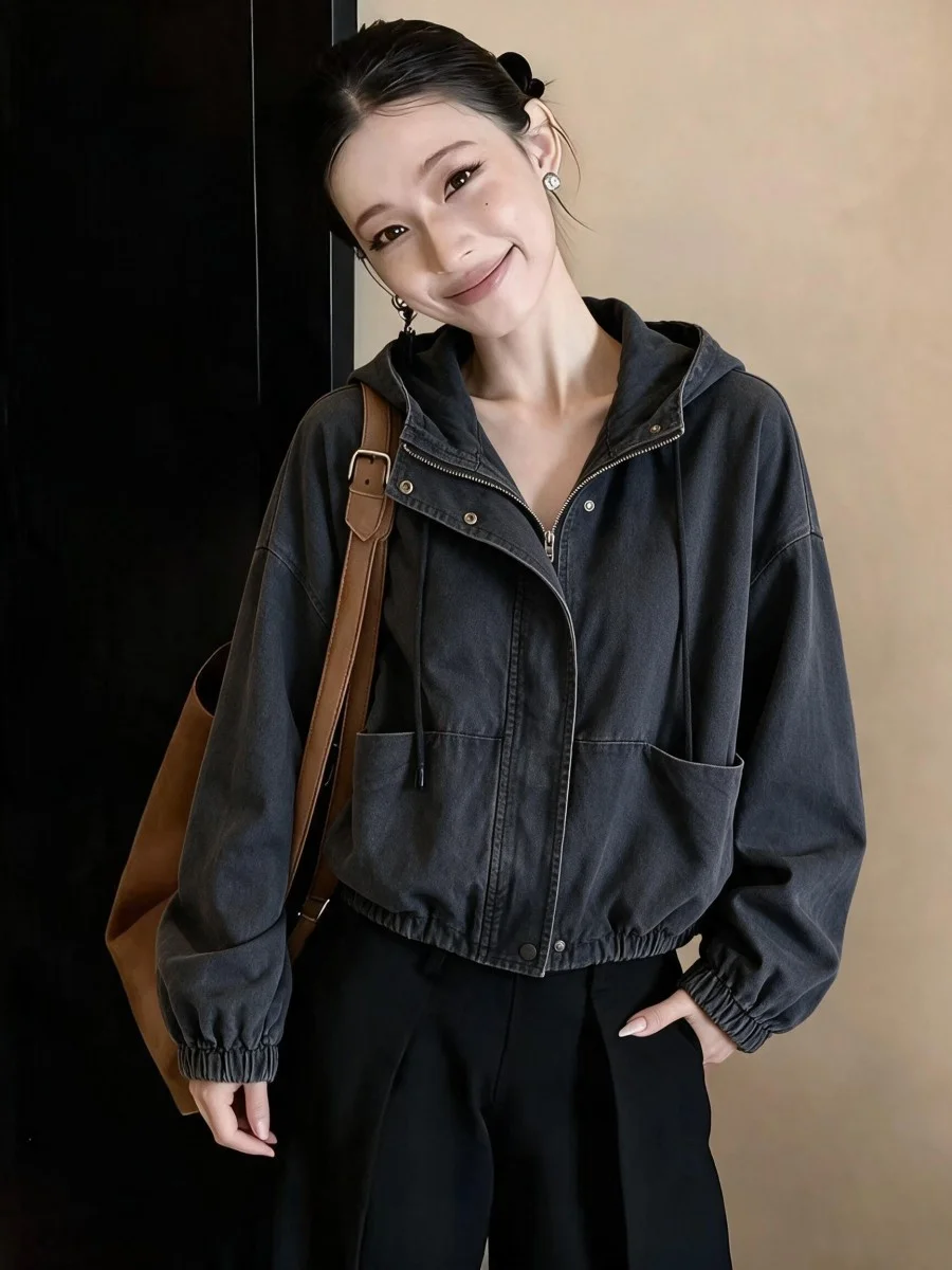 Retro Washed Hooded Jacket Women's Design Spring New Loose Fit Short Outerwear Cotton Commute Style Zipper Decorated Long Sleeve