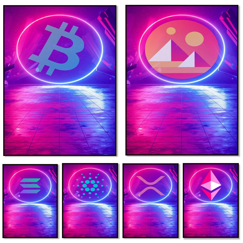 Encrypted canvas poster. XRP, Cardano, Bitcoin, Solana, Decentraland, Ethereum decorative canvas print poster