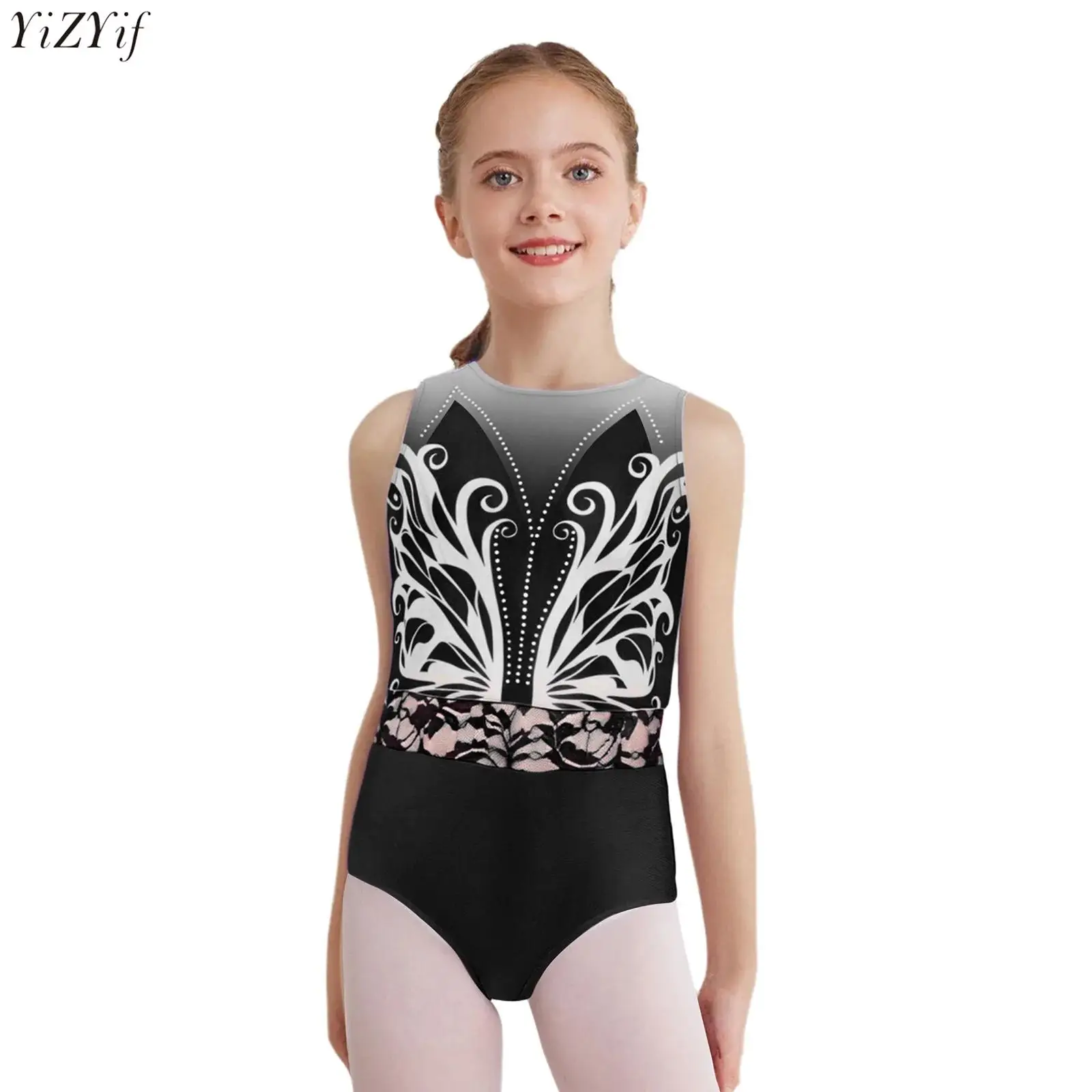 

Kids Girls Butterfly Printed Gymnastics Leotard Sleeveless Lace Shiny Rhinestones Bodysuit for Skating Ballet Dance Performance