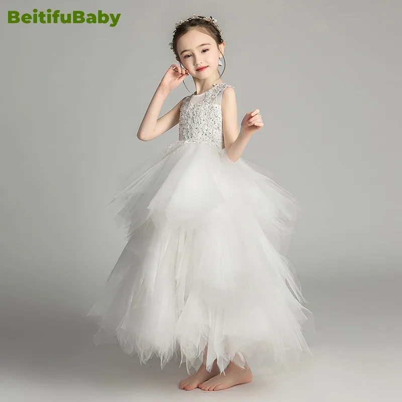 BeitifuBaby-Apliques de gaze vintage concurso vestidos para meninas, vestido de florista, festa de casamento, estilo princesa