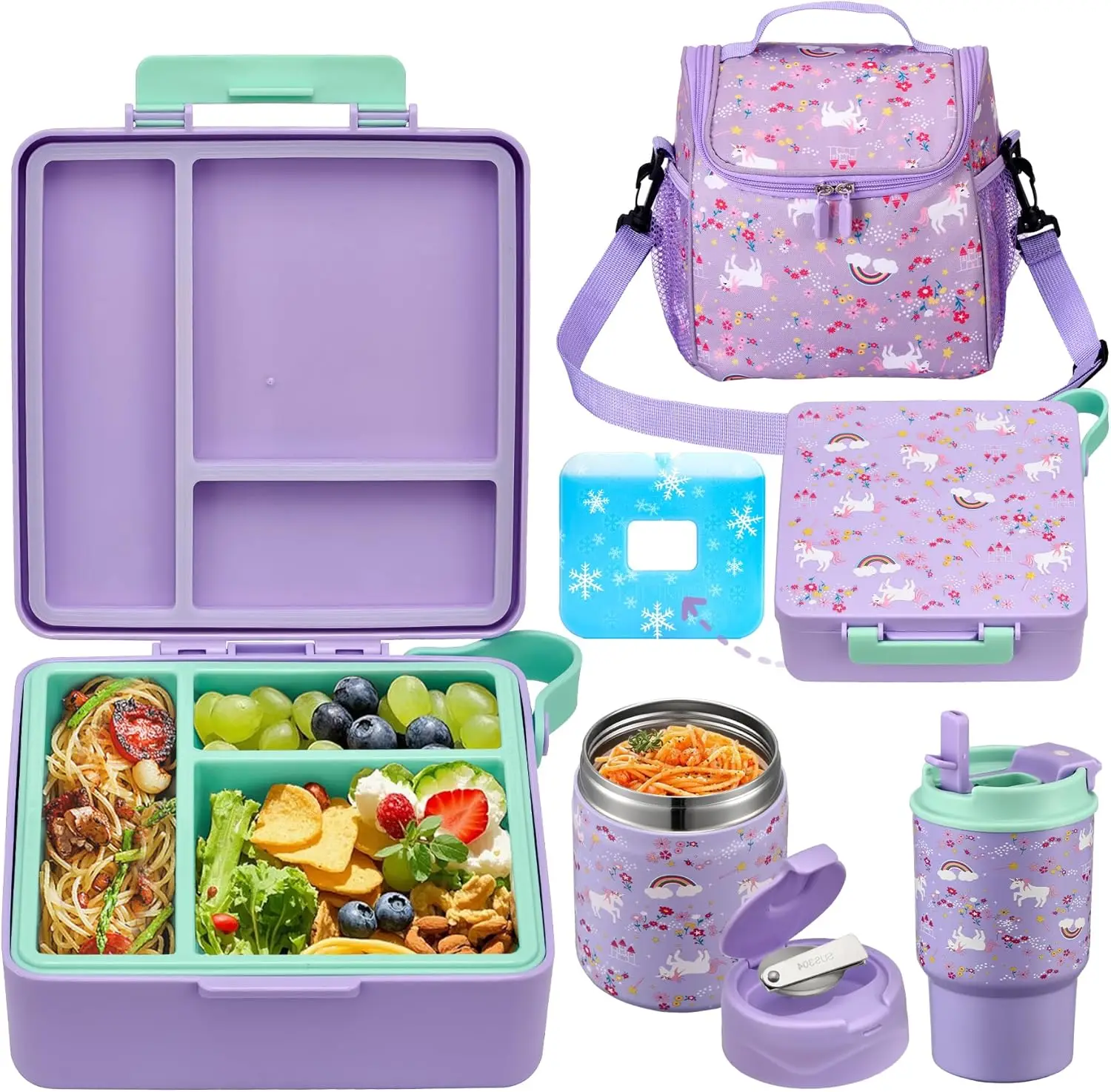 

Kids Insulated Lunch Box Set with Thermo, Water Bottle & Bag - Leak-Proof, 3 Compartments