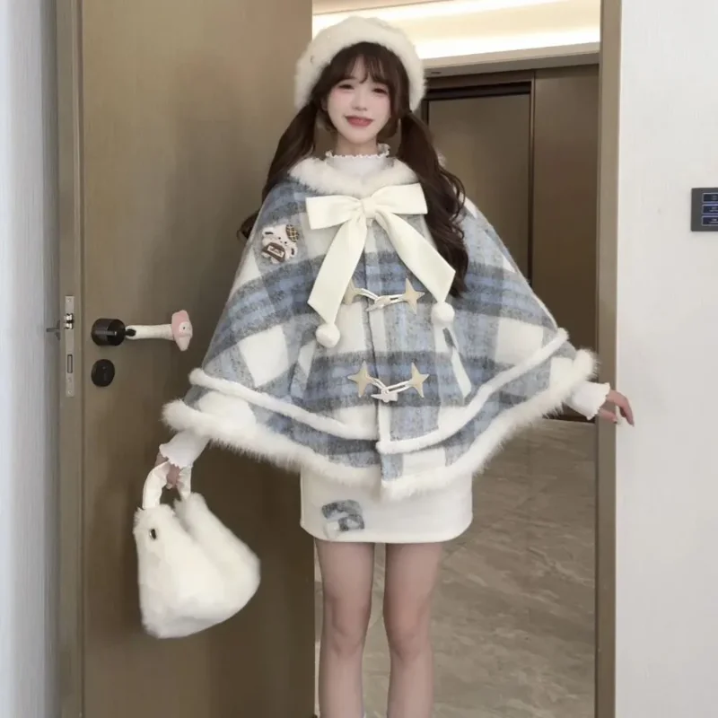 Vanilla Ice Cream Sweet Outfit Cute Fluffy Edge Plaid Woolen Cape