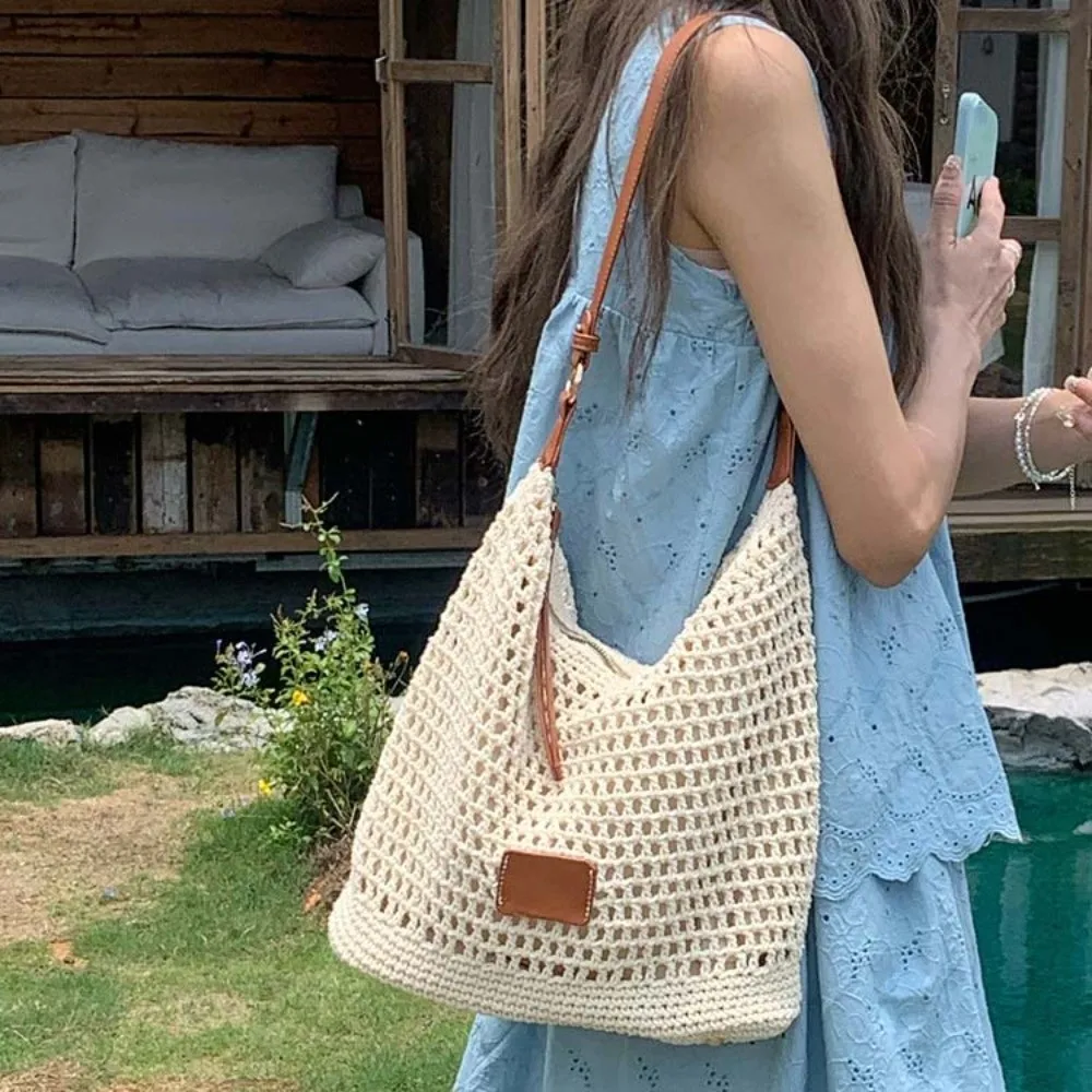 

Модная большая вместительная вязаная сумка-тоут, легкая полая тканая сумка с ремешком из искусственной кожи, полиэстер, вязаная сумка в корейском стиле для отпуска