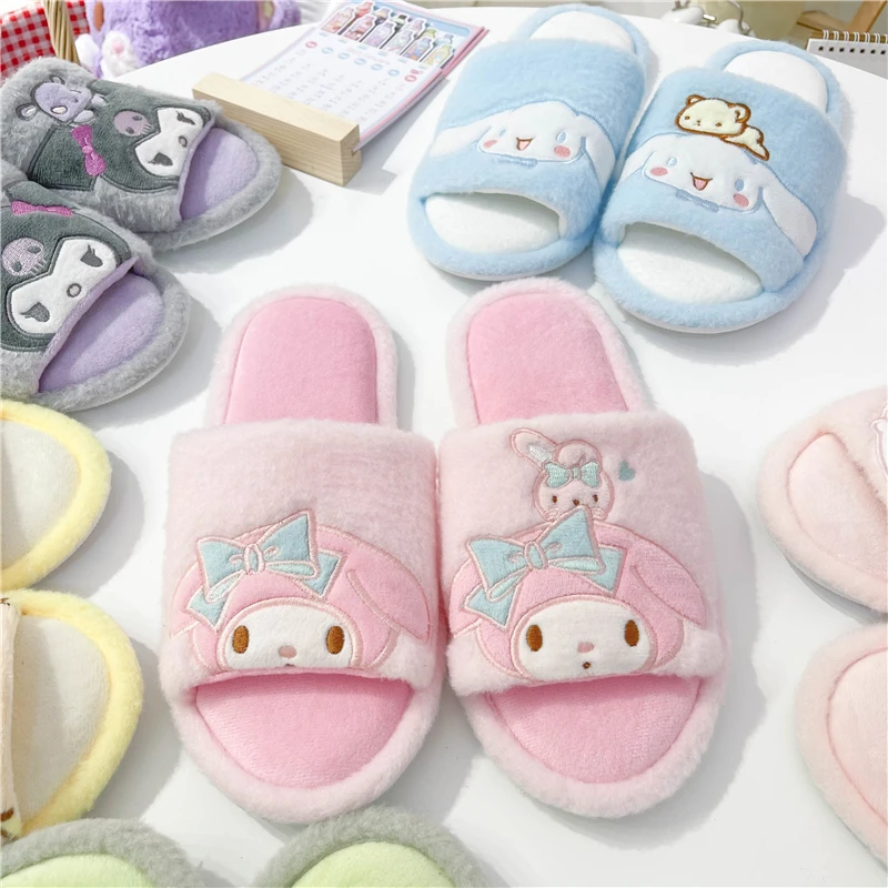 Kuromi My Melody Kawaii Girly Slipper Japanese Anime Cute Plush Warm Shoes Home Indoor Girl Ladies Casual Open Toe Flat Non-slip