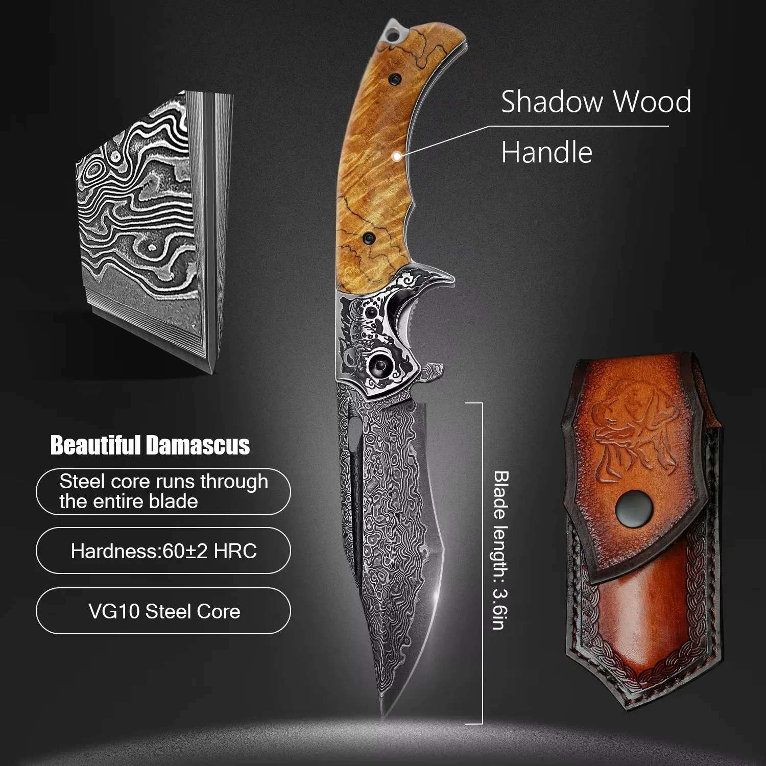 Damascus Steel Stable Wood Handle High Hardness Folding Knife Portable Fishing, Climbing, Camping