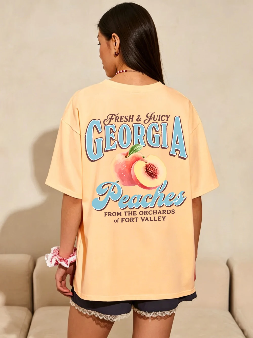 Women T-Shirt Cotton Summer Fresh Juicy Georgia Peaches Prints Short Sleeve Tees O-Neck Soft Oversized Tops Basic Woman Clothes