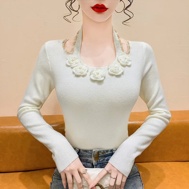 Maglione lavorato a maglia francese Sle Long Sve da donna Ne Hanging Diamond Slim Fit Base irt Autunno Inverno Nuovo arrivo Body ap...