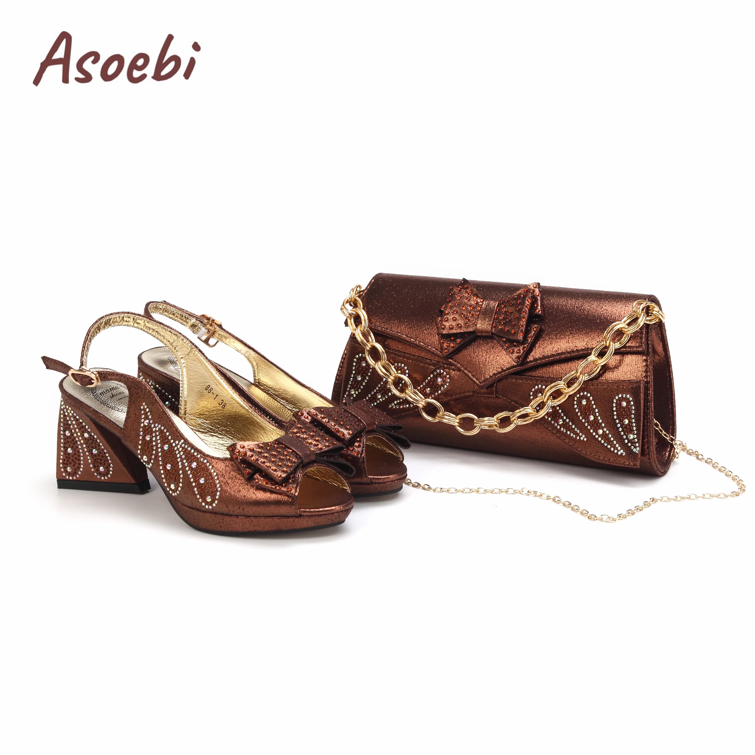 Hot Selling Summer Peep Toe Butterfly Design Ladies Shoes Matching Bag Set in Coffee Color For Fashion Party Women