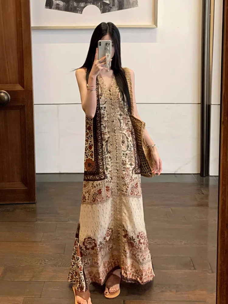 RORIRI خمر طباعة غرزة الخامس الرقبة تانك فستان طويل المرأة الصيف بلا أكمام فضفاضة عادية ألف خط قطعة واحدة بوهو عطلة الملابس