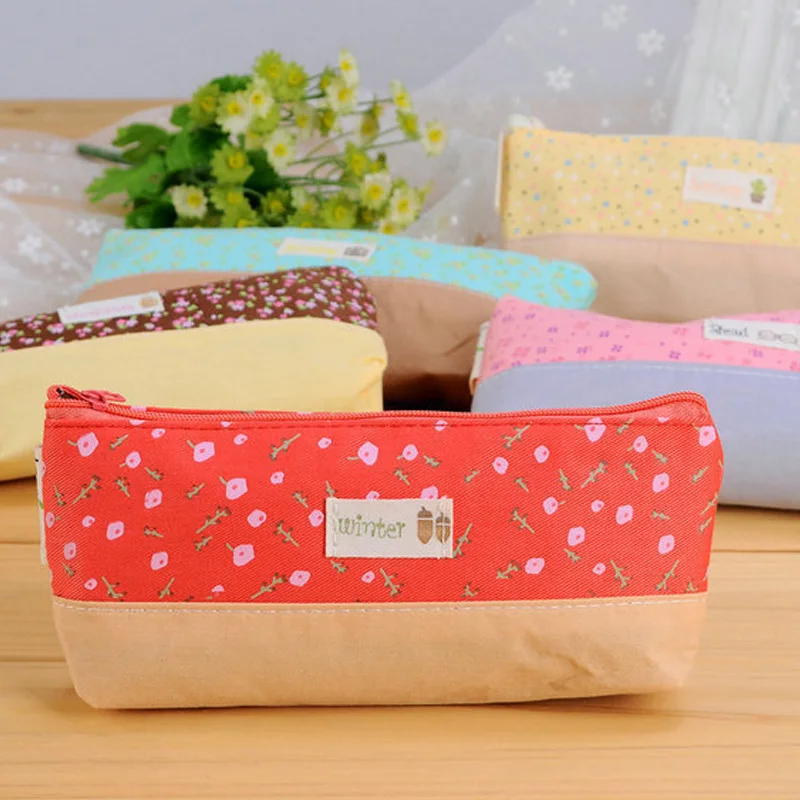 Cute Kawaii Floral Flower Canvas Zipper Pencil Cases Lovely Fabric Flower Tree Pen Bags School Supplies Free shipping