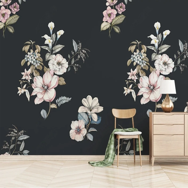 Custom 3D Photo Hand Painted Flowers Black Background Wallpaper for Bedroom Living Room Non-woven Relief Large Mural Home Decor