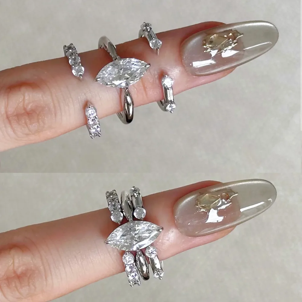 WOSIKATE Sparkling Horse-eye Zirconia Simple Three-in-one Stacked Ring For Women Silver Plated Fashion Jewellery Finger Ring
