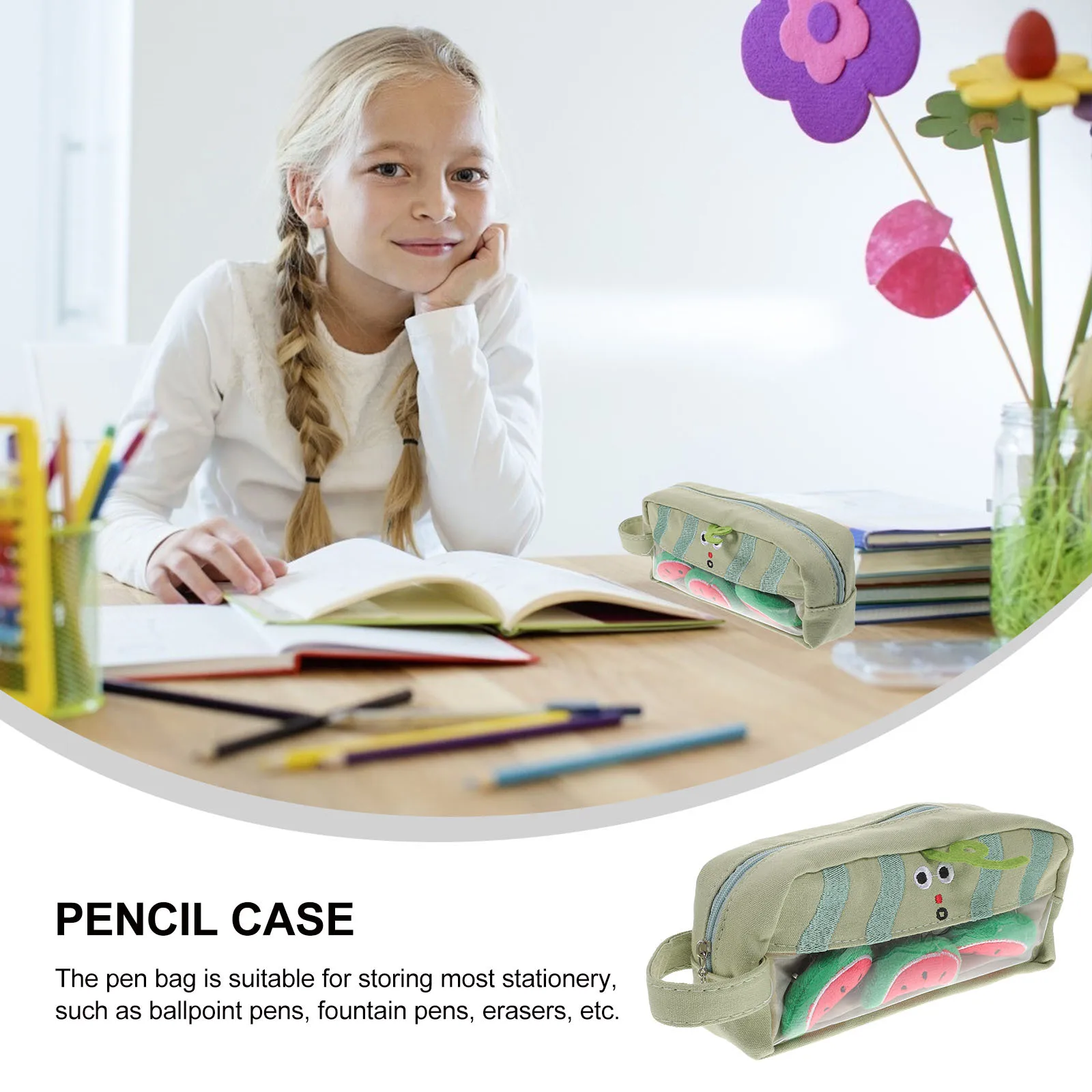 

Cute Canvas Pencil Case For Girls Large Capacity Cartoon Makeup Pouch Smooth Zipper Portable Kids Stationery Bag