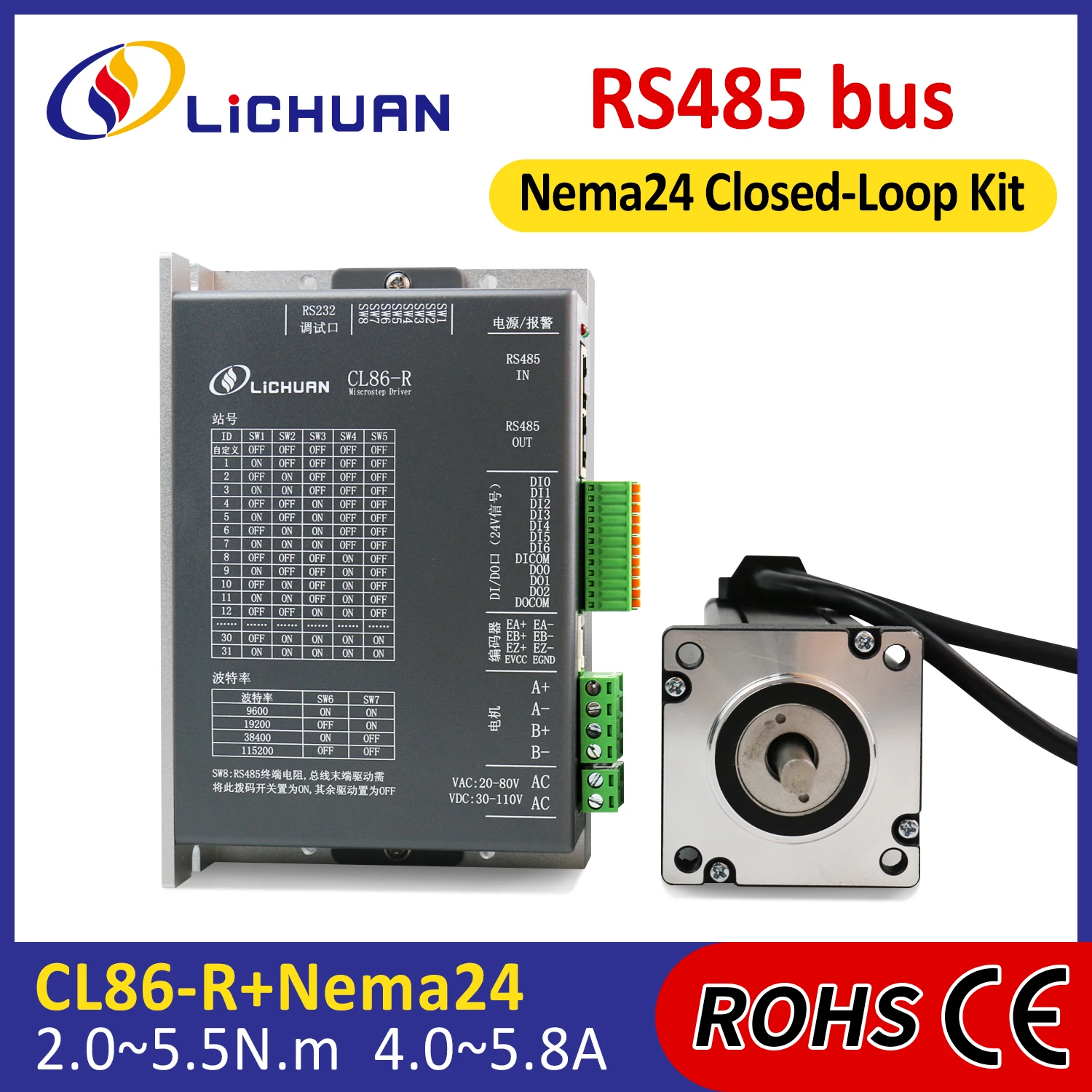 4/4.5/5/5.8A DC30V~110V/AC20V~80V StepperMotor Controller 2/2.3/2.8/4.5/4.8/5.5N.m 2Phase Nema24 ClosedLoop Stepper Motor Driver