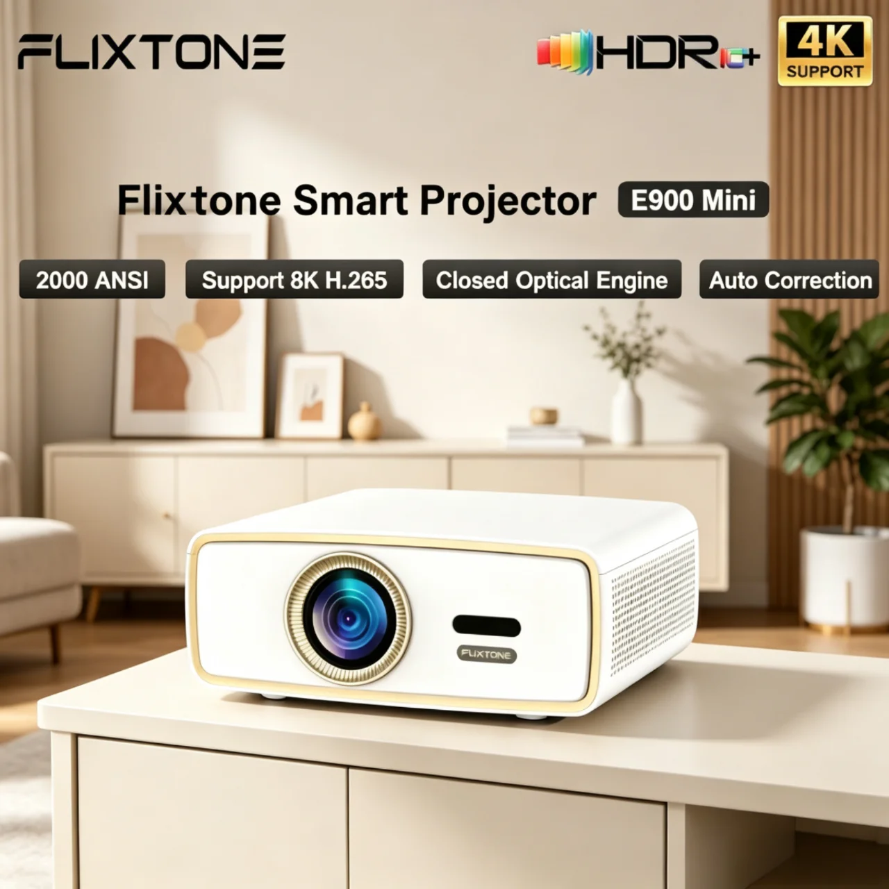 

Flixtone E900 Mini Projector Supports 4K Decoding, Mini Portable Android Smart TV with HDR10 Home Theater Suitable for Camping