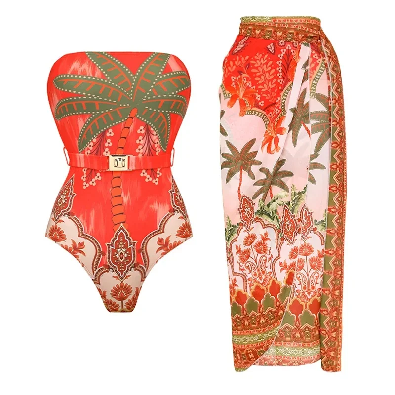 

Women ‘s One Piece Off Shoulder Coconut Palm Print Swimsuits set Summer Swimwear Beachwear Bathing Suit bikini sets 2pcs