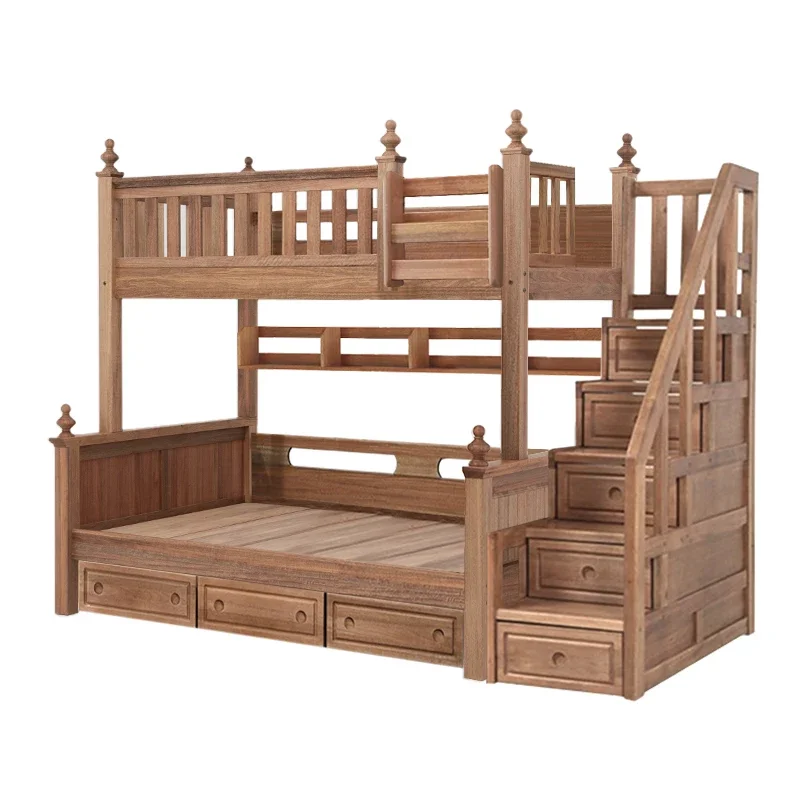 #Full solid wood high and low bed with stairs double bed for bedroom large capacity ladder cabinet locker household furniture