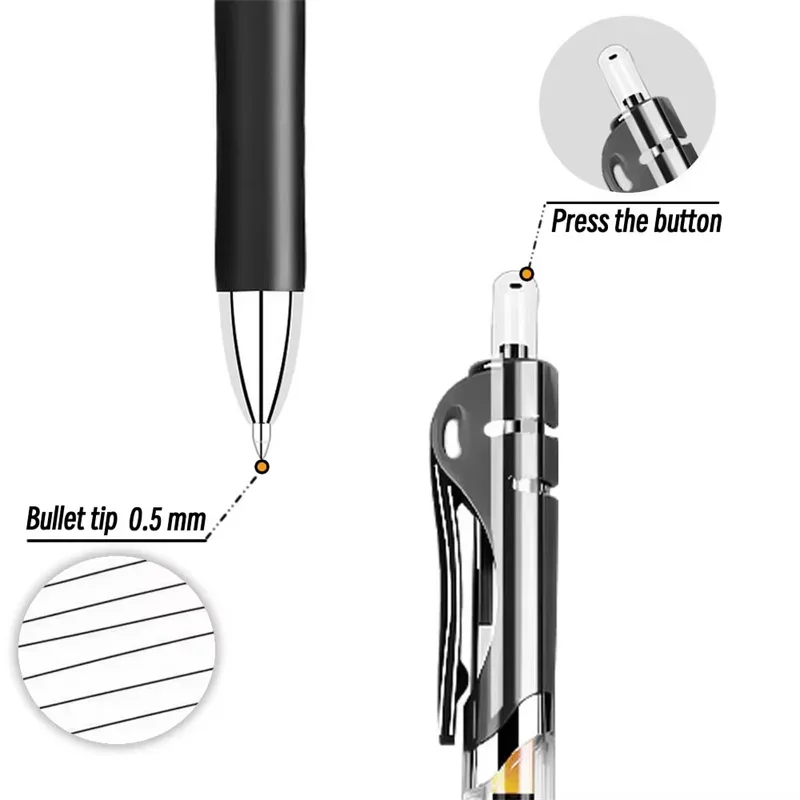 Canetas retráteis de gel de tinta preta, 5 peças, 0.5mm, estética colorida, material de papelaria, esferográfica e lápis de escritório, escrita, escola