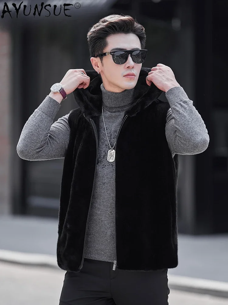 AYUNSUE Luxury Real Mink Fur Vest for Men Hooded Winter Autumn 2023 Natural Fur Coat Sleeveless Mink Fur Jacket Black Fur Coats