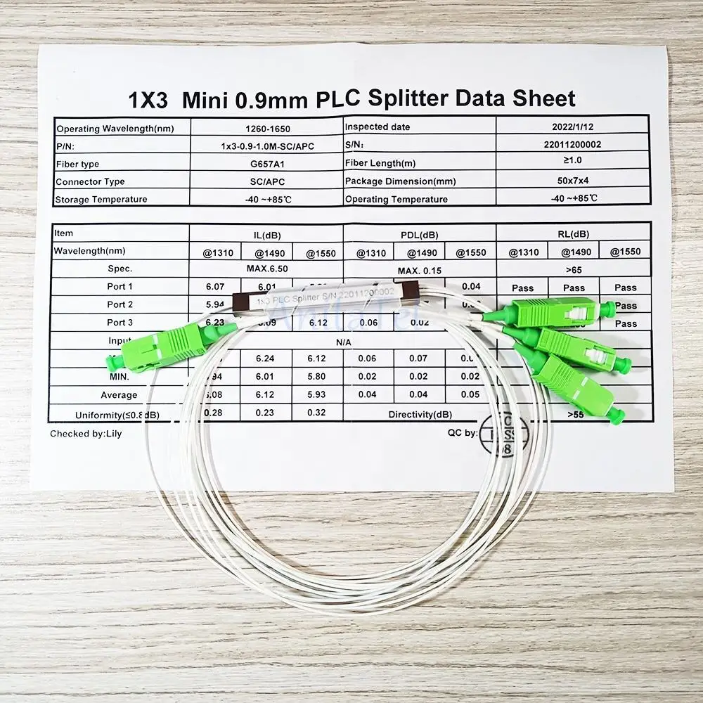 

5/10/20pcs 1X3 PLC SC/APC SM Single Mode 0.9Mm G657A1 LSZH 1M FTTH Fiber Optic Splitter