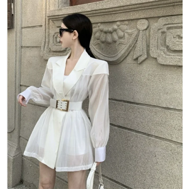 Blazers Women Korean White Breathable Mesh Coat Patchwork Loose Belt Thin Suit Jacket Female Spring Summer Long Sleeve Tops