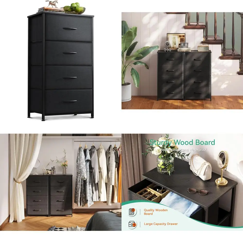 

Тумба для спальни с 4 ящиками из ткани и стальным каркасом, черная