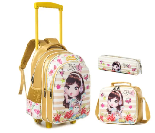 children school Trolley backpack Bag kids School wheeled backpack bag for girls with lunch bag set Rolling school bag wheels