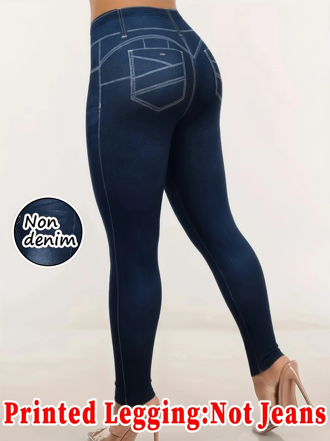 Printed Legging‑Not Denim Fabric All‑over Faux‑Denim Printed Long Pants with Faux Pocket and Button Print Details. New‑Arrival