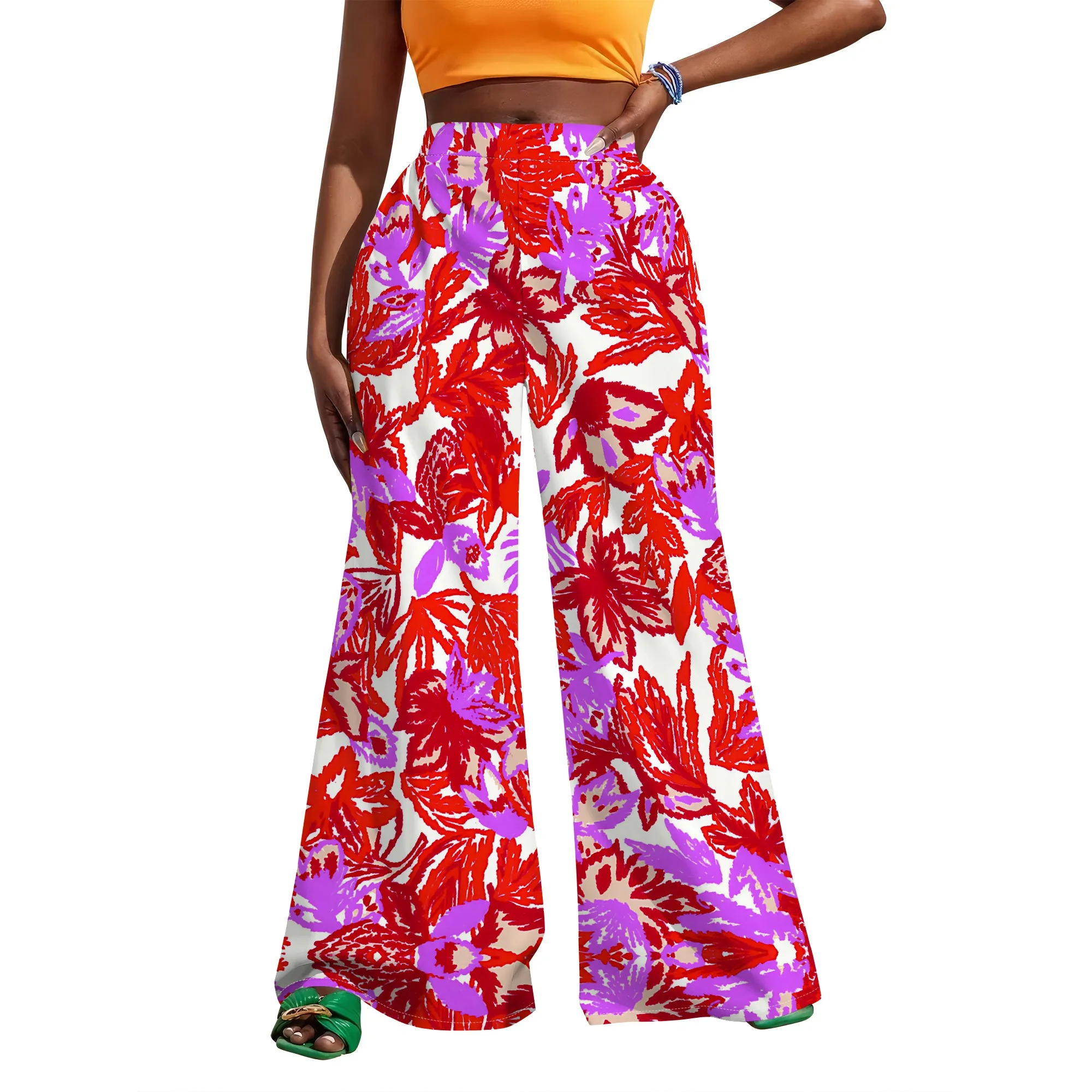 Streetwear High Waist Wide Leg Pants Women Blue Black Abstract Print Casual Summer Trousers