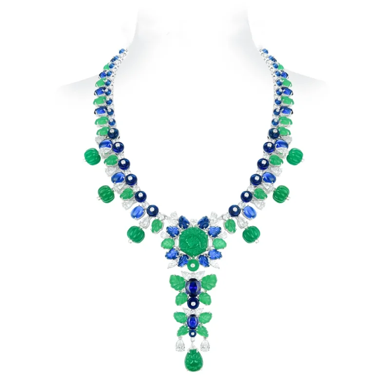 

BELLUX 925 Silver Gold Plated Luxury Pendant Chain Synthetic Zircon Carving Green Blue Gemstone Full Diamond Necklace Banquet Je