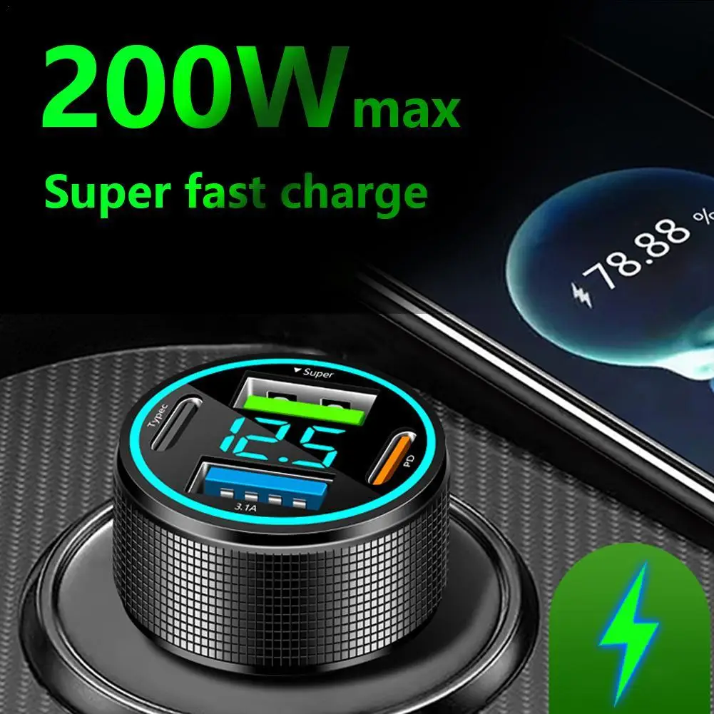 

200W Car Charger Dual USB Ports Super Fast Charging With Digital Display Quick Charging Adapter For IPhone