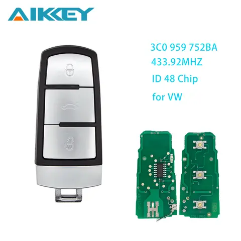 3C0959752BA 3 Buttons Smart Remote Key Fob 433MHZ ID48 Chip Uncut For VolksWagen VW Passat B6 3C B7 Magotan CC Car Key