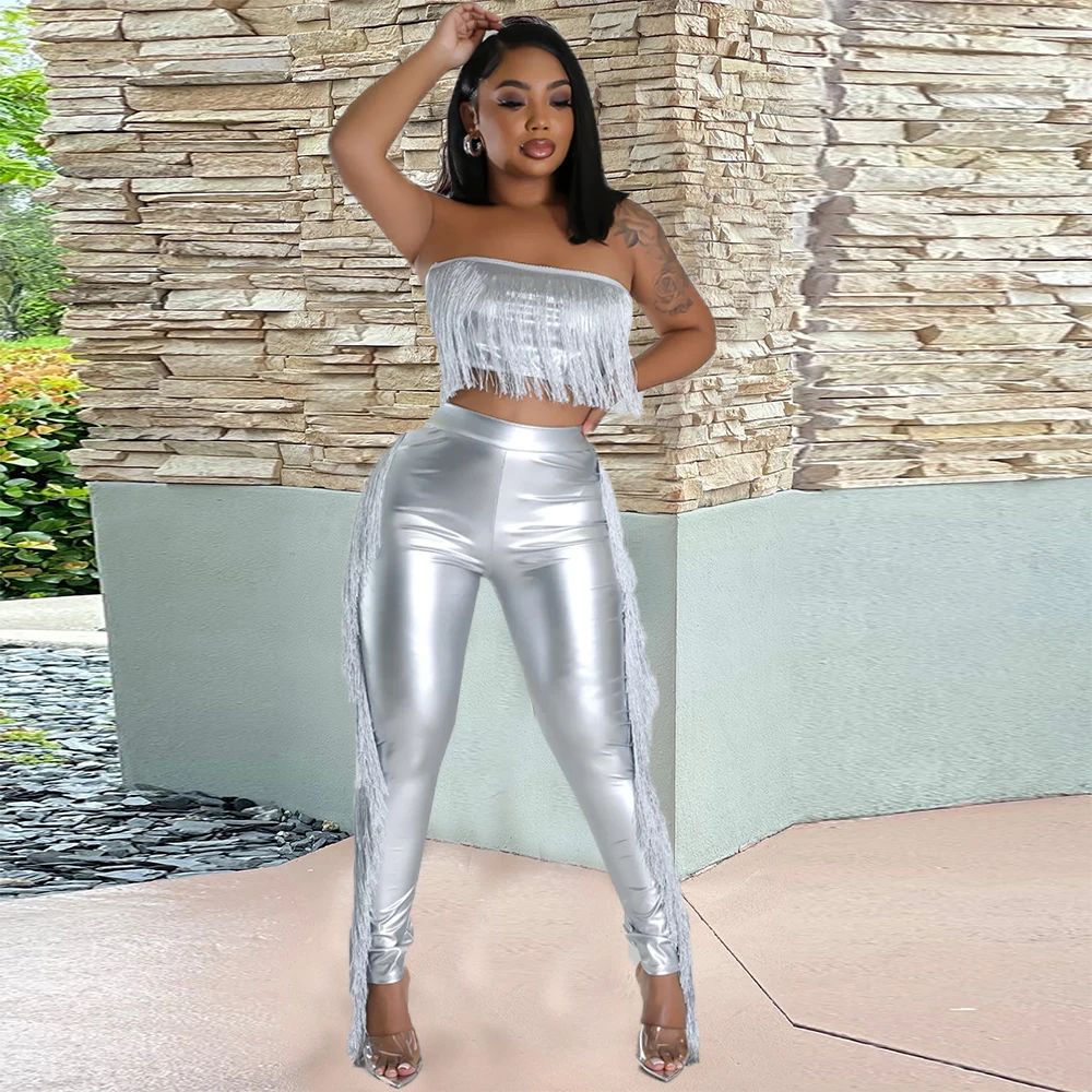 Two Piece Set Women Metallic Tassel Outfits Sexy Strapless Corset Crop Top+High Waist Pencil Pants 2024 Spring Fall Night Club