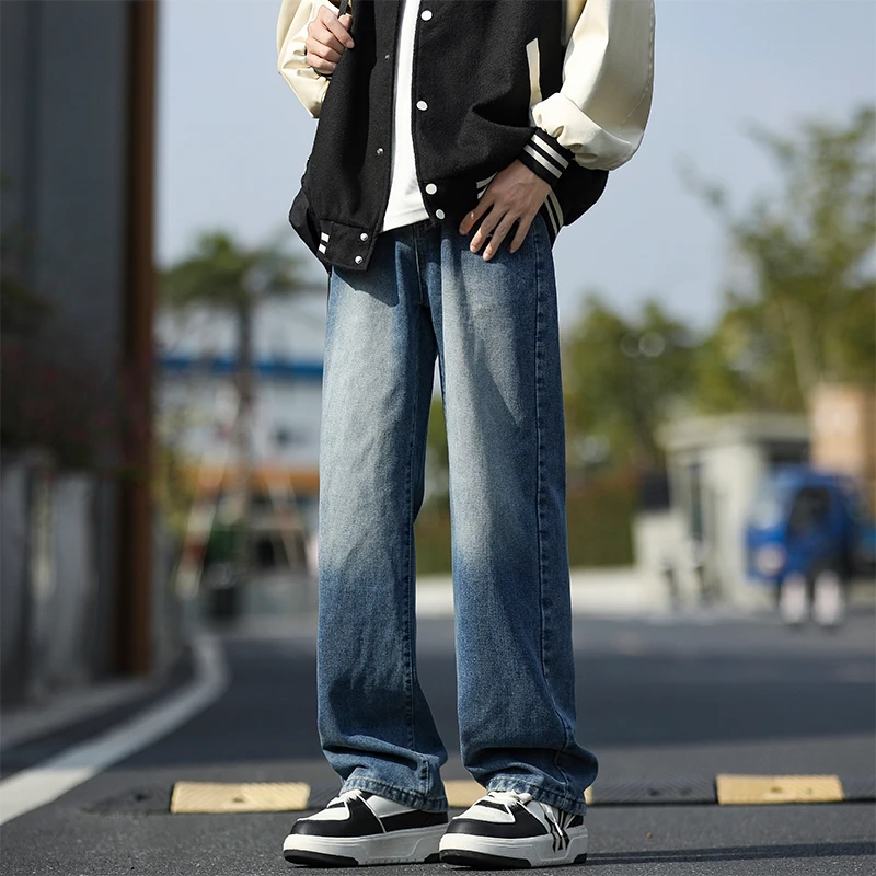 2025 봄/여름 신상 남성 라이트 블루 슬림핏 청바지 패셔너블 캐주얼 빈티지 스트레이트 레그 카우보이 팬츠 클래식 팬츠 스모크