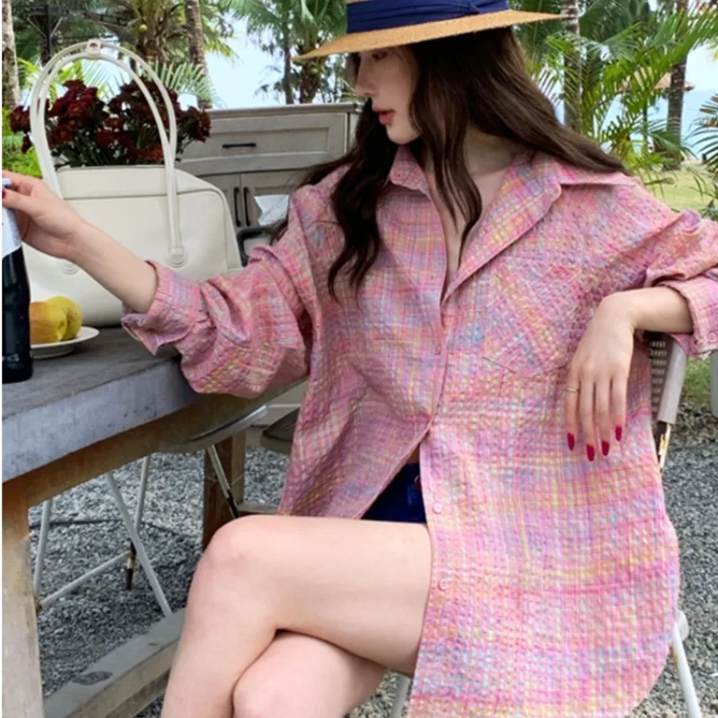 Spring Autumn Elegant Women Colorful Plaid Shirt Long Sleeve Blouse Sun‑Protection Beach Cover‑Up Casual Female Shirts Tops