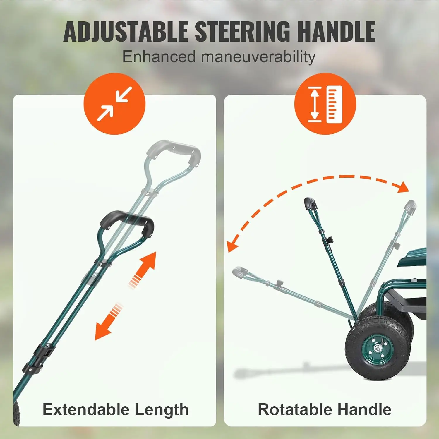 Garden Cart Rolling Workseat with Wheels, Gardening Stool for Planting, 360 Degree Swivel Seat, Wagon Scooter with Steering Handle & Utility Tool Tray, Use for Patio, Yard, and Outdoors, Green | 360 Swivel Garden Chair, Wagon Scooter with Steering Handle view 3