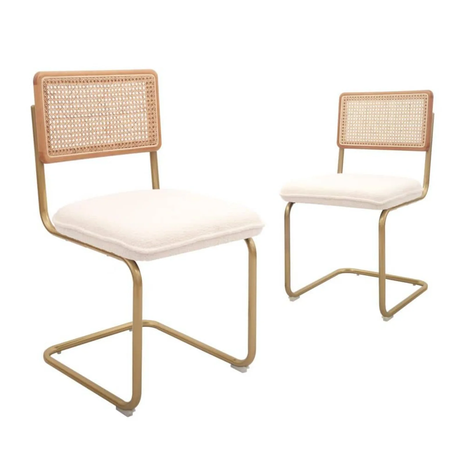 US Modern Dining, Accent Rattan Kitchen, Armless Mesh Back Cane Chairs, Upholstered with Metal Chrome Legs, Set of 2, White