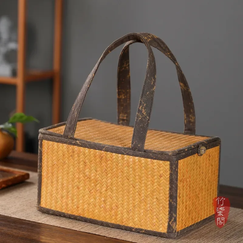 Portable Bamboo Woven Tea Storage Box with Compartments for Teapot and Tea Bags Outdoor Travel Organizer Case Natural
