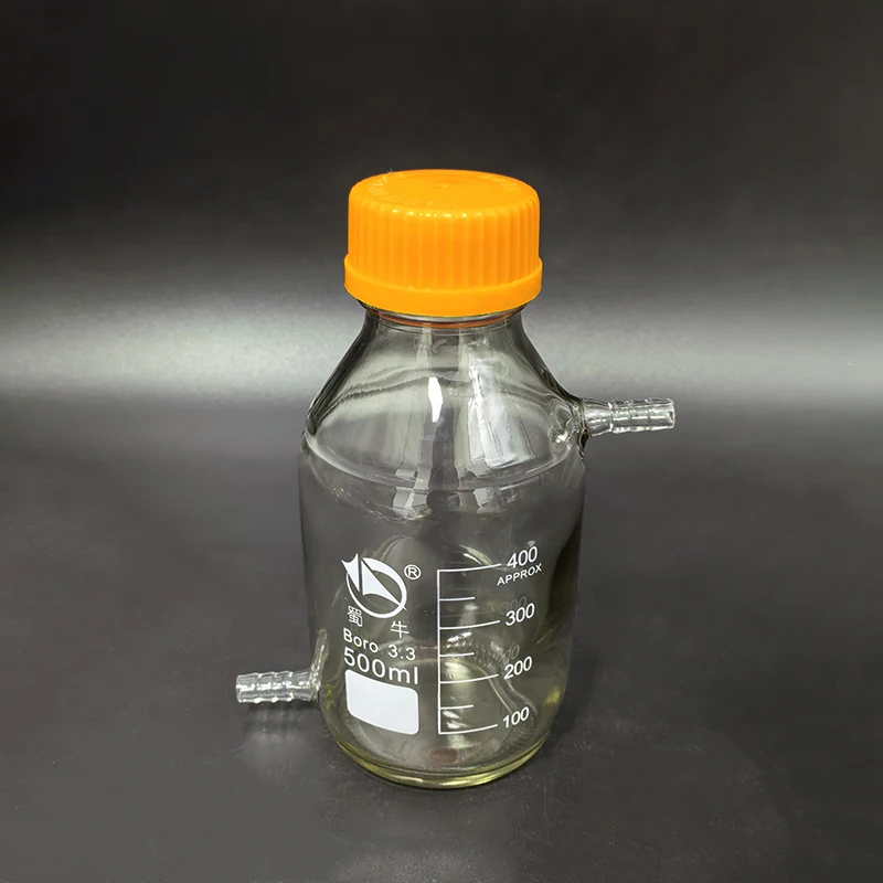 SHUNIU Reagent bottle, Yellow screw cover GL45mm, Upper and bottom side tube, 100mL-20000mL, Borosilicate glass, Plastic Lid