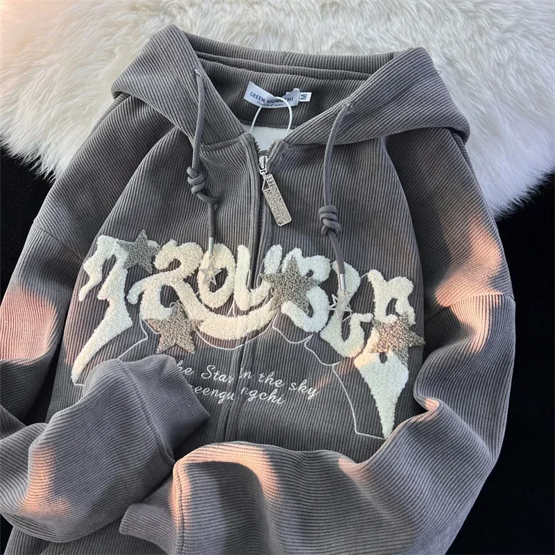 

Vintage Goth Corduroy Zip Up Hoodies For Men Hip Hop Fashion Foam Print Jacket Women's Y2K Streetwear Sweatshirts