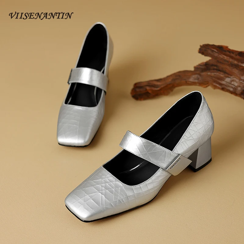 

Sliver High Heels Mary Jane Shoe Genuine Leather Solid Color Sqaure Toe Shallow Mouth Buckle Strappy Office Lady Shoe Autumn New