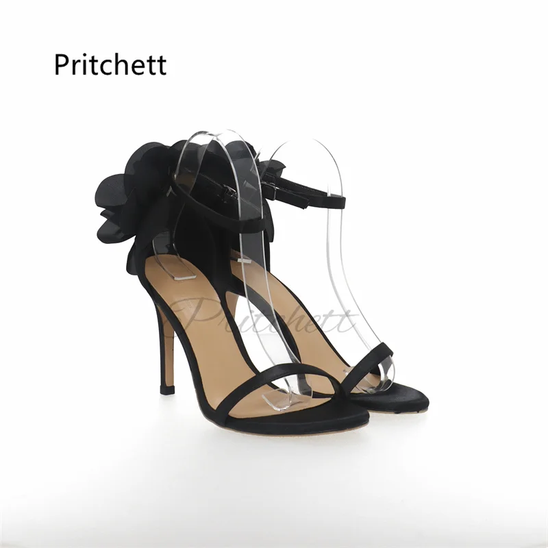 Satin High Heels Sandals for Women Flowers Decor Black One Strap Concise Sexy Stiletto Shoes Summer Party Office Lady Shoes