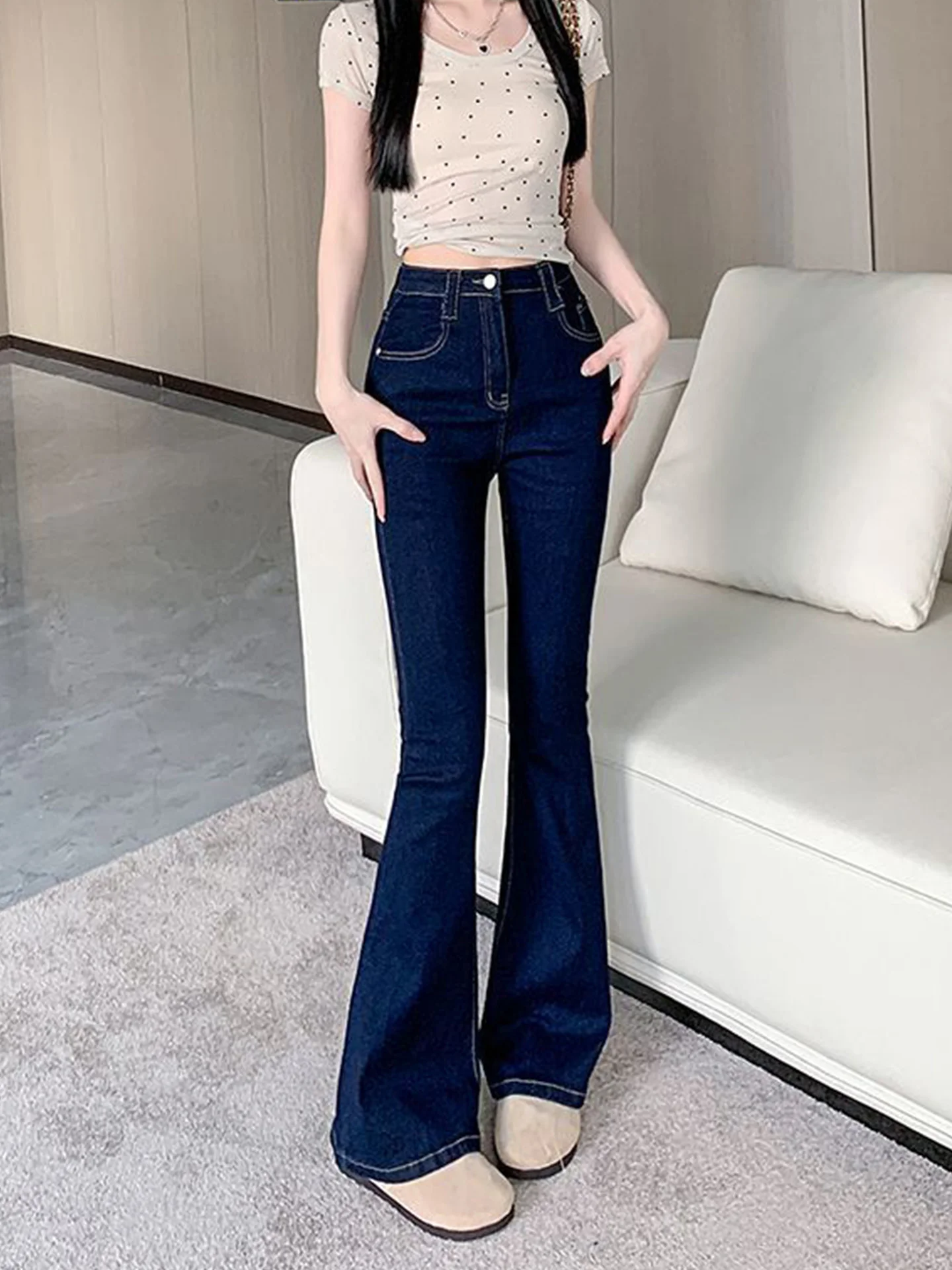 

Deep Blue Retro American Flared Denim Jeans Women's High Waist Slimming Micro Flared Floor-Length Pants Elastic Casual Wear