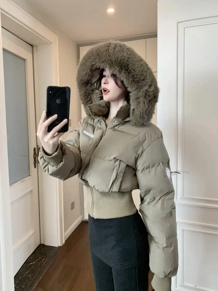 Koreanische Retro Frauen Schwarz Urlaub Kurze Unten Baumwolle Parkas Winter Khaki Zipper Mit Kapuze Mantel Dicke Warme Mode Beliebte Einfachheit