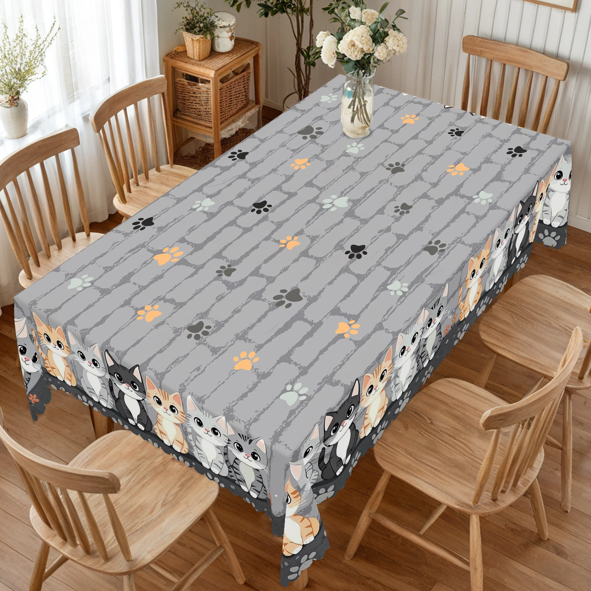 1 Piece of Gray Retro Cute Cat Print Rectangular Tablecloth, Spring Cat, Cat Paw, Stone Pattern Round Tablecloth, Party Decoration, Home Kitchen Table Cover, Indoor and Outdoor Use, Family Decoration, Gift for Family and Friends