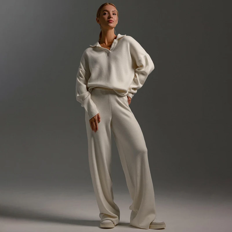 

Tornova Autumn Winter Sweater Suit Women's Ins Hot Polo Neck Solid Knitted Pullover Top Loose Casual Wide Leg Pants 2 Piece Set