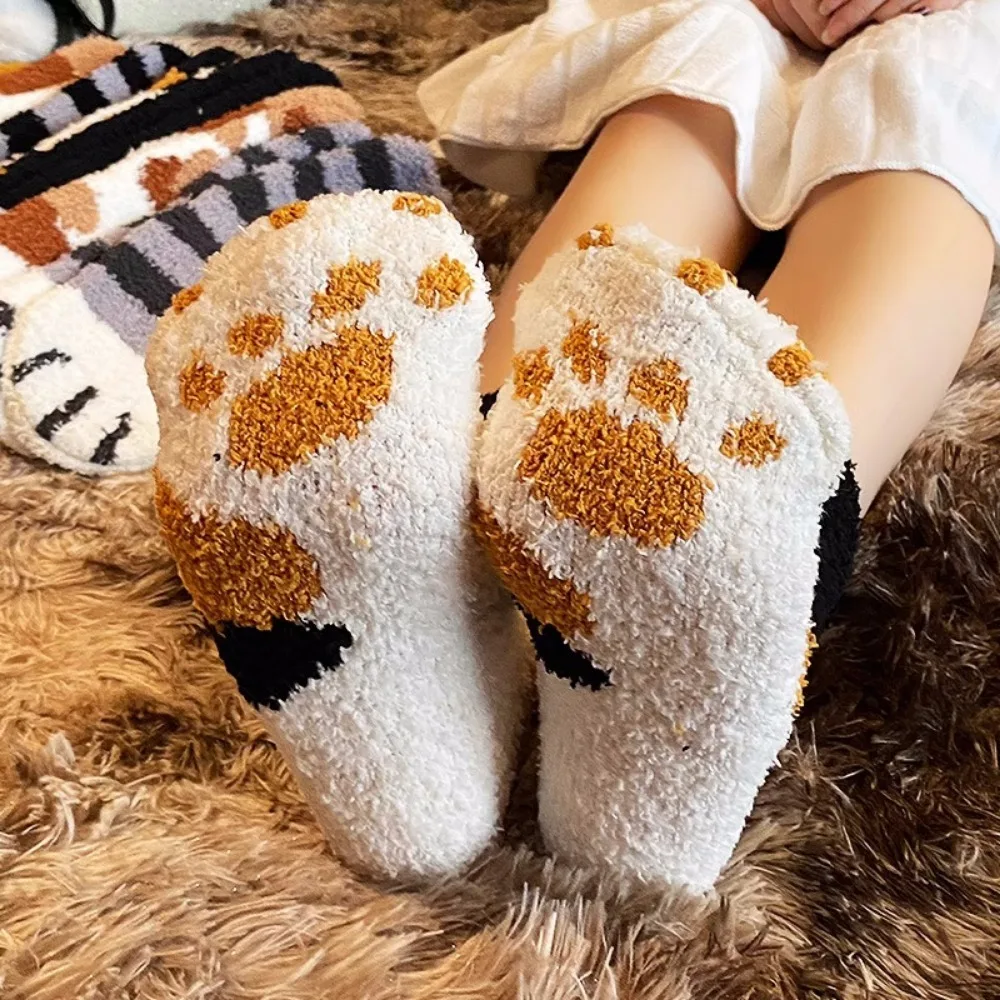 Plush Cartoon Cat Paw Socks for Women Girls Winter Warm Thicken Fleece Sleeping Socks Funny Kawaii Dog Cats Paw Pattern Socks